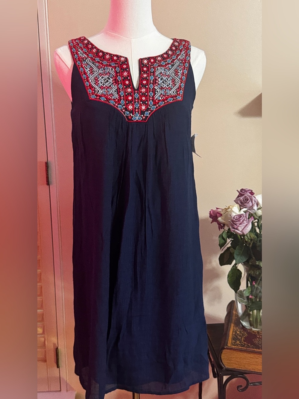 Westport Navy Dress with Red Embroidered Yoke